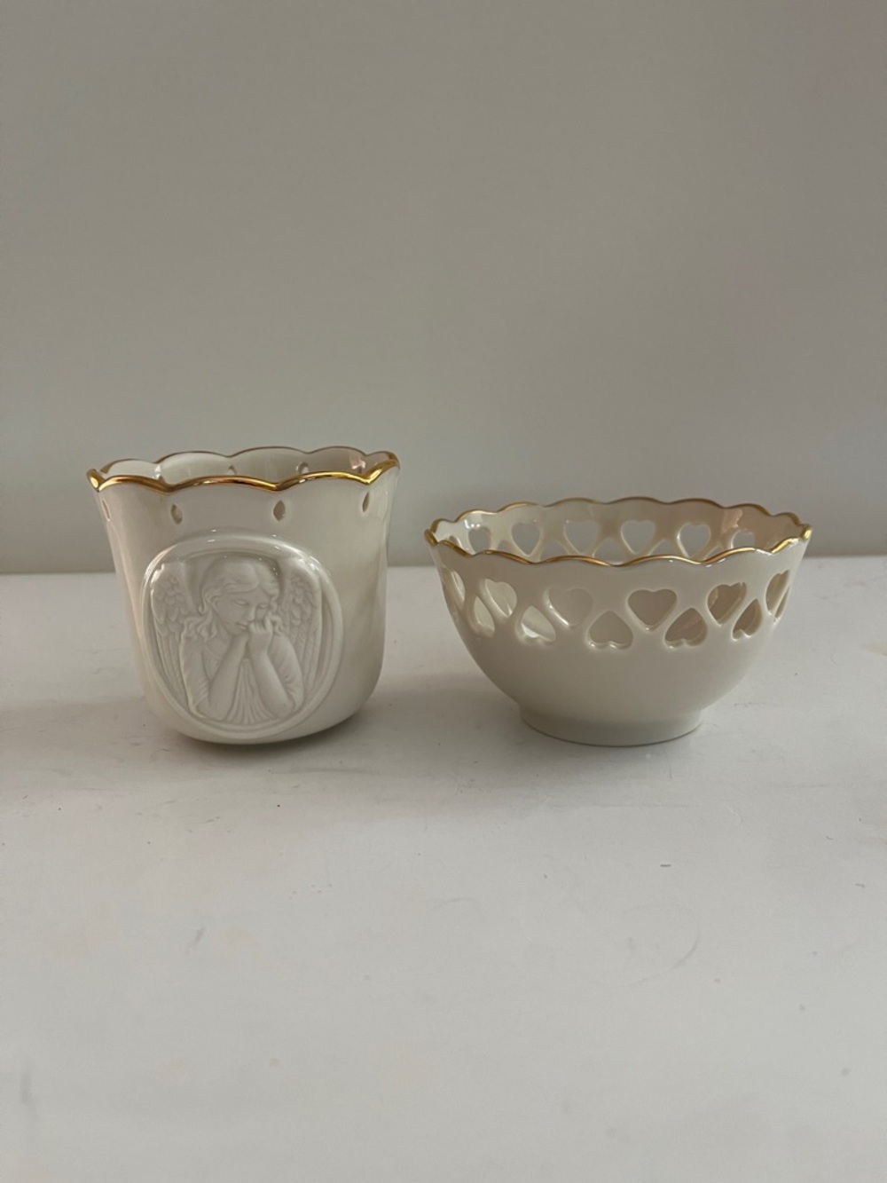 Lenox Cream and Gold Porcelain Angel Votive Holder and Small Heart Cut Bowl